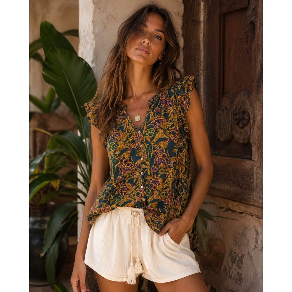 Cleobella Yellow Floral Prairie Cottage Ruffle Shirt Blouse Top  Women's Size XL